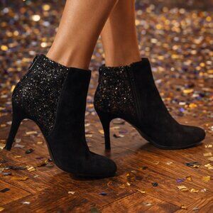 Glam! BCBG Black Suede Booties with Glitter Ankle — Size 6.5